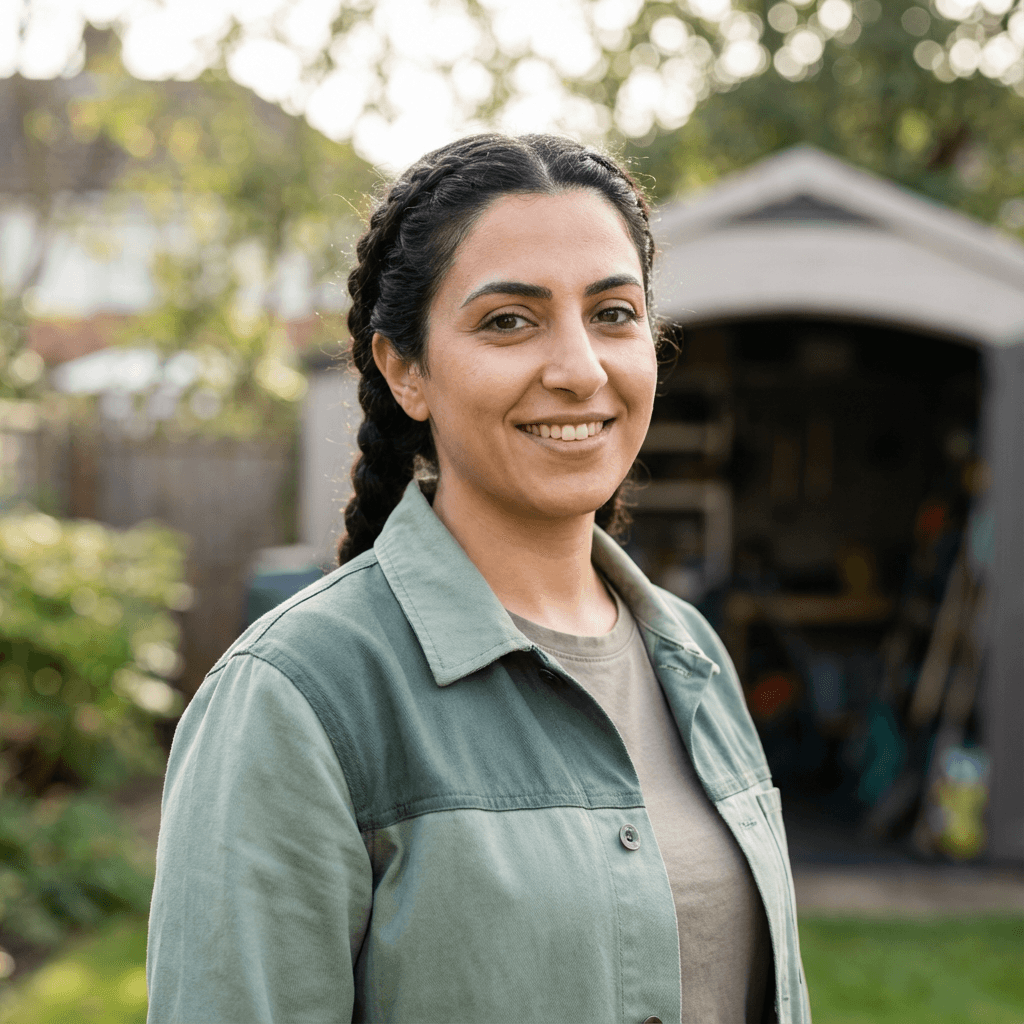 Female gardener in her late 20s, East Asian, focused while planting flowers in a garden bed.