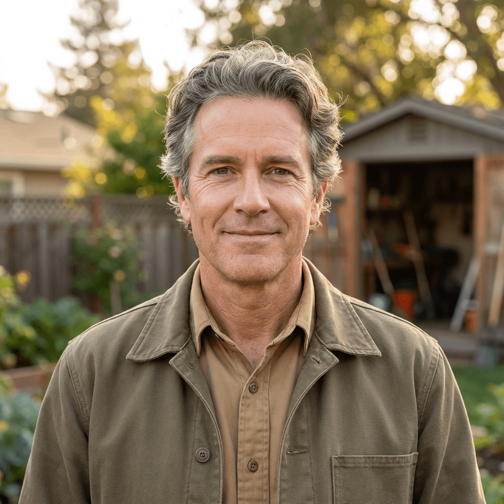 Male landscaper in his mid 30s, White, standing confidently in a residential garden with freshly planted beds.