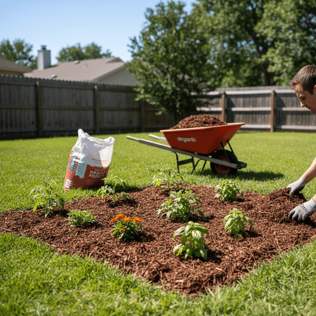Garden bed with fresh plants and mulch being installed in a backyard