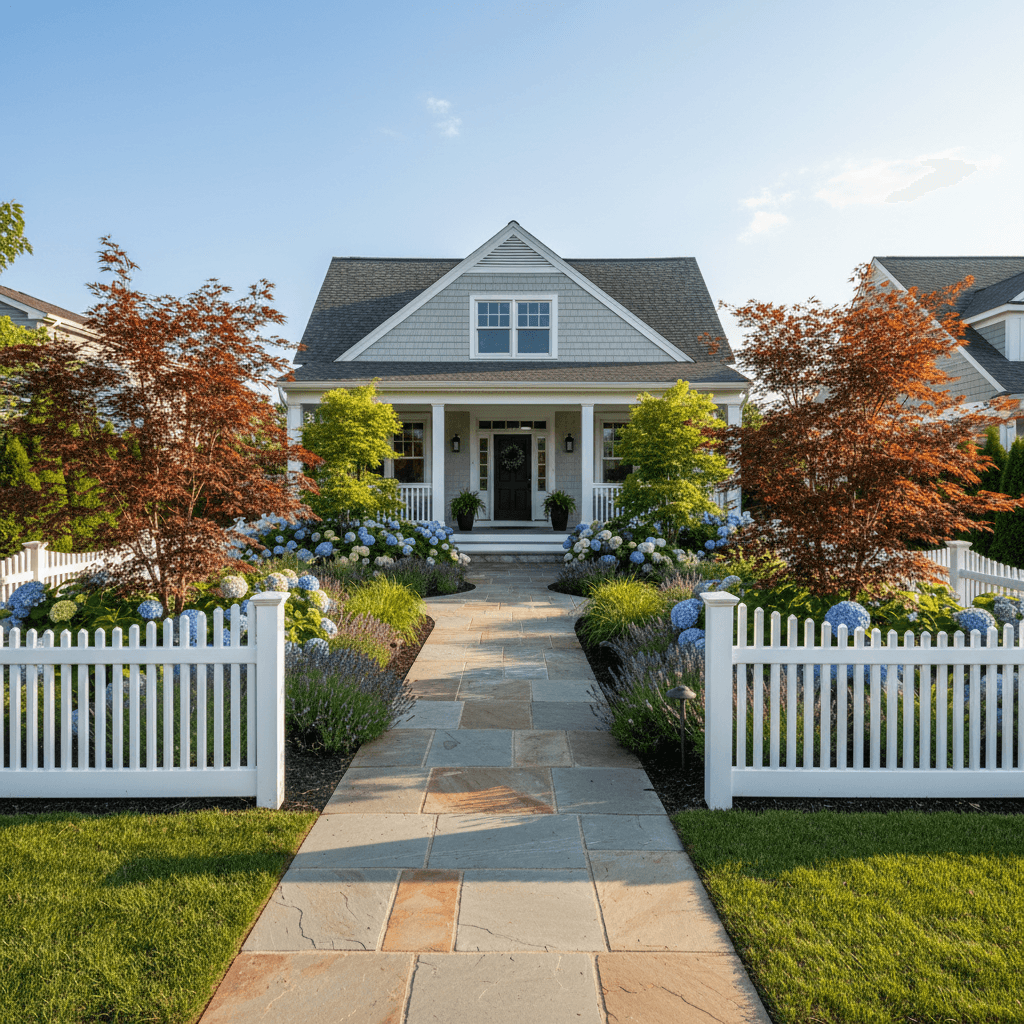 New stone walkway and fence installed around a landscaped front yard