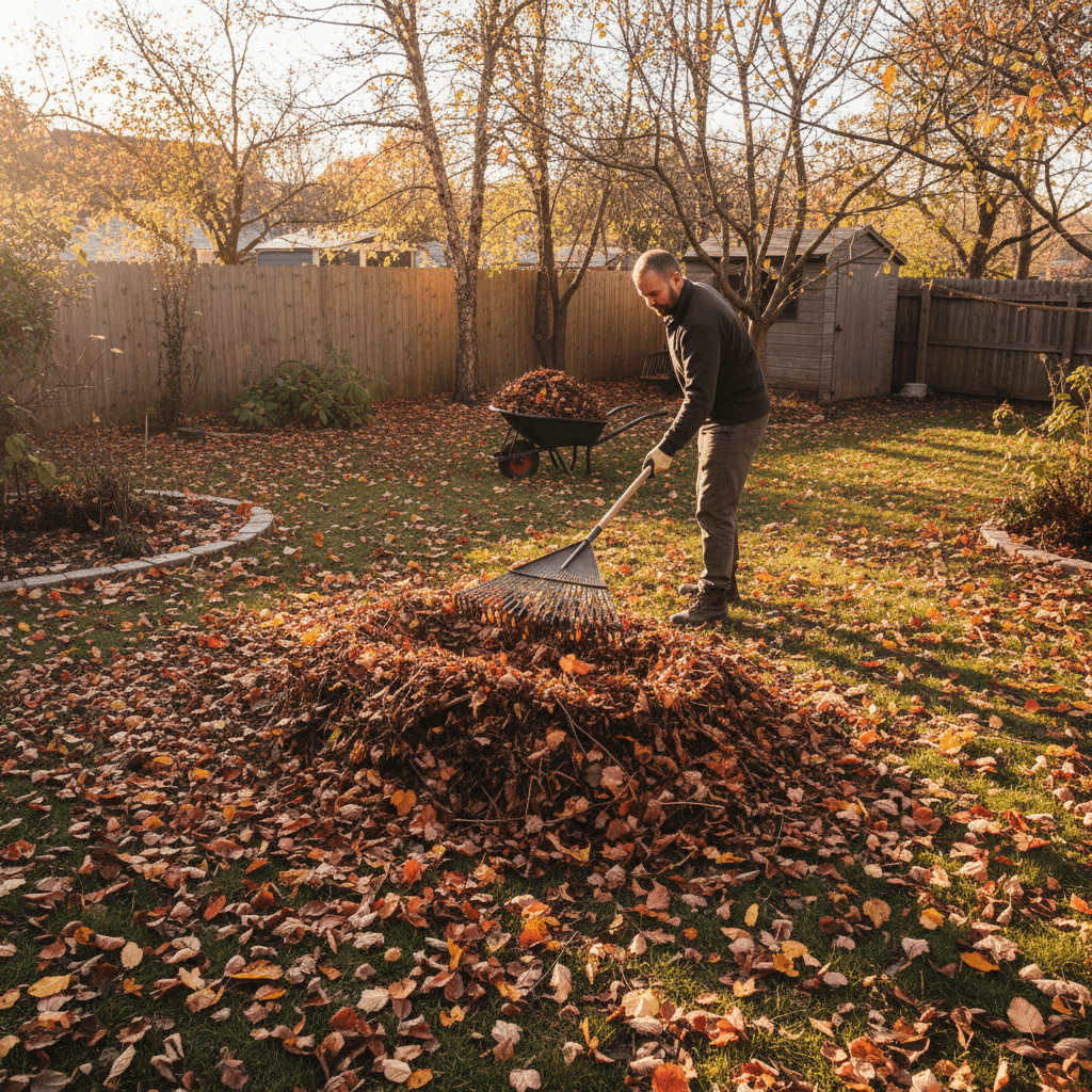 Rake gathering leaves and debris in a backyard during autumn cleanup