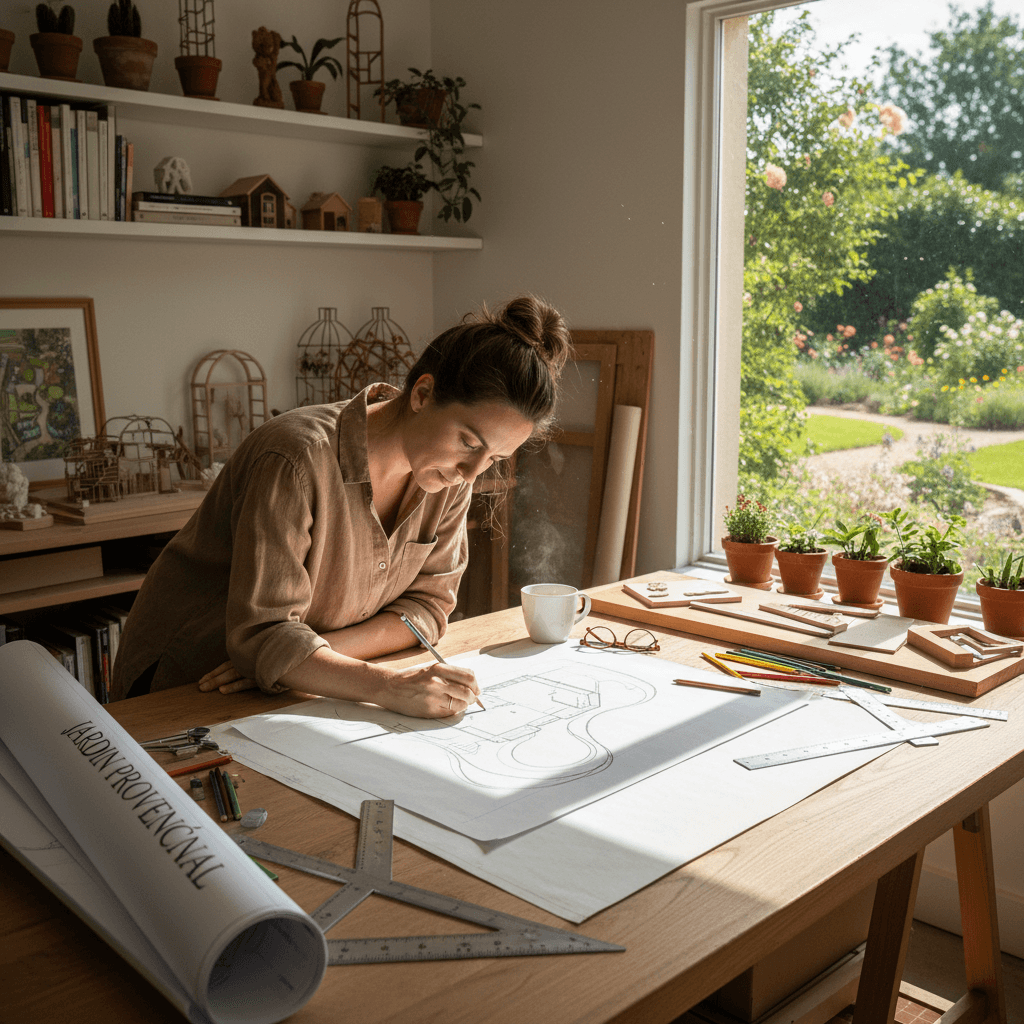 Landscape designer sketching a garden layout at a work table with blueprints