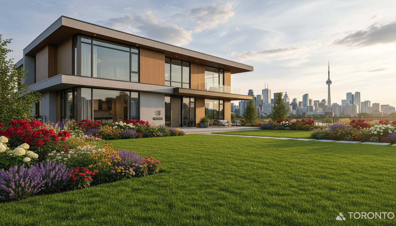 Lush green lawn with colorful flower beds in front of a modern Toronto home