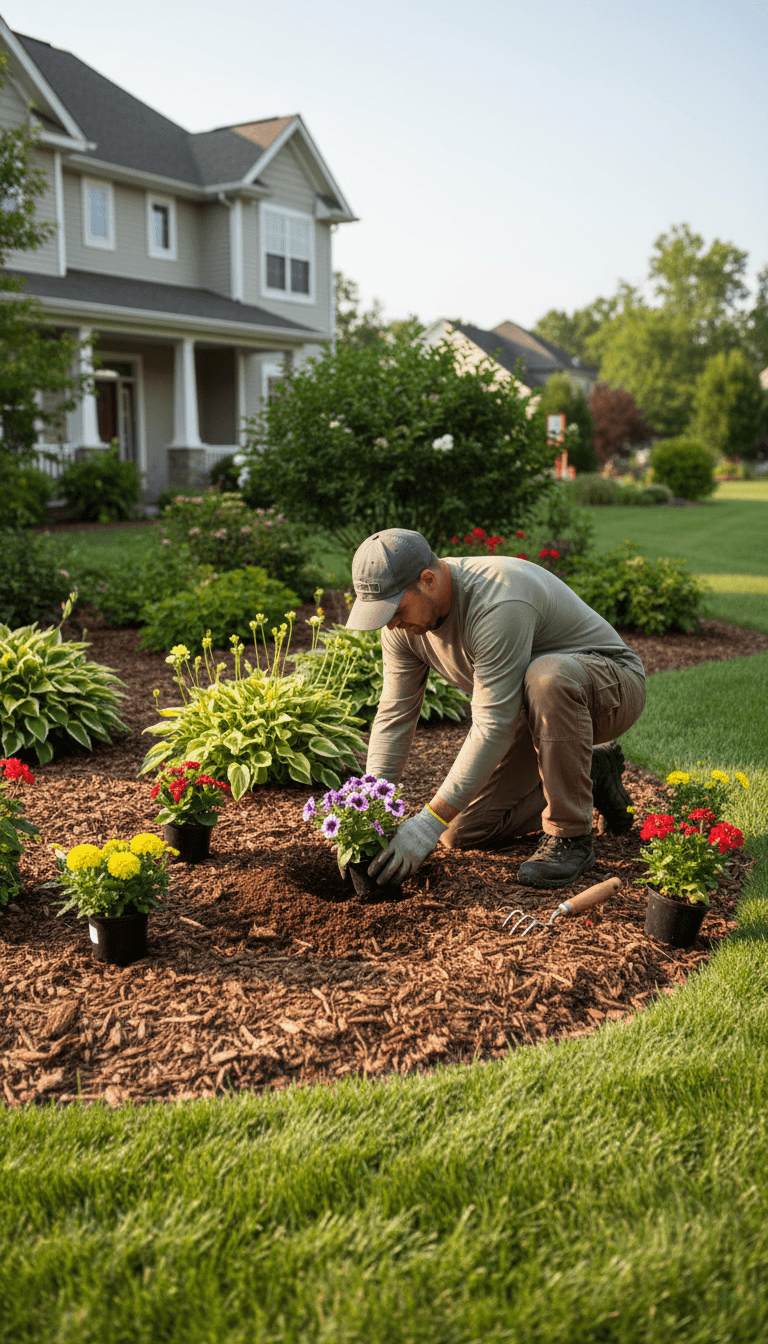 Landscaper planting flowers in a prepared garden bed with fresh mulch