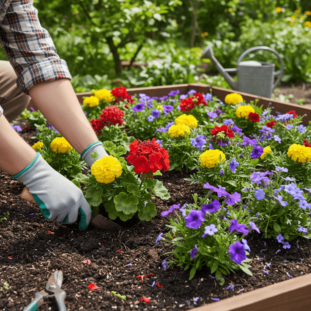 Hands planting colorful flowers in a garden bed with soil