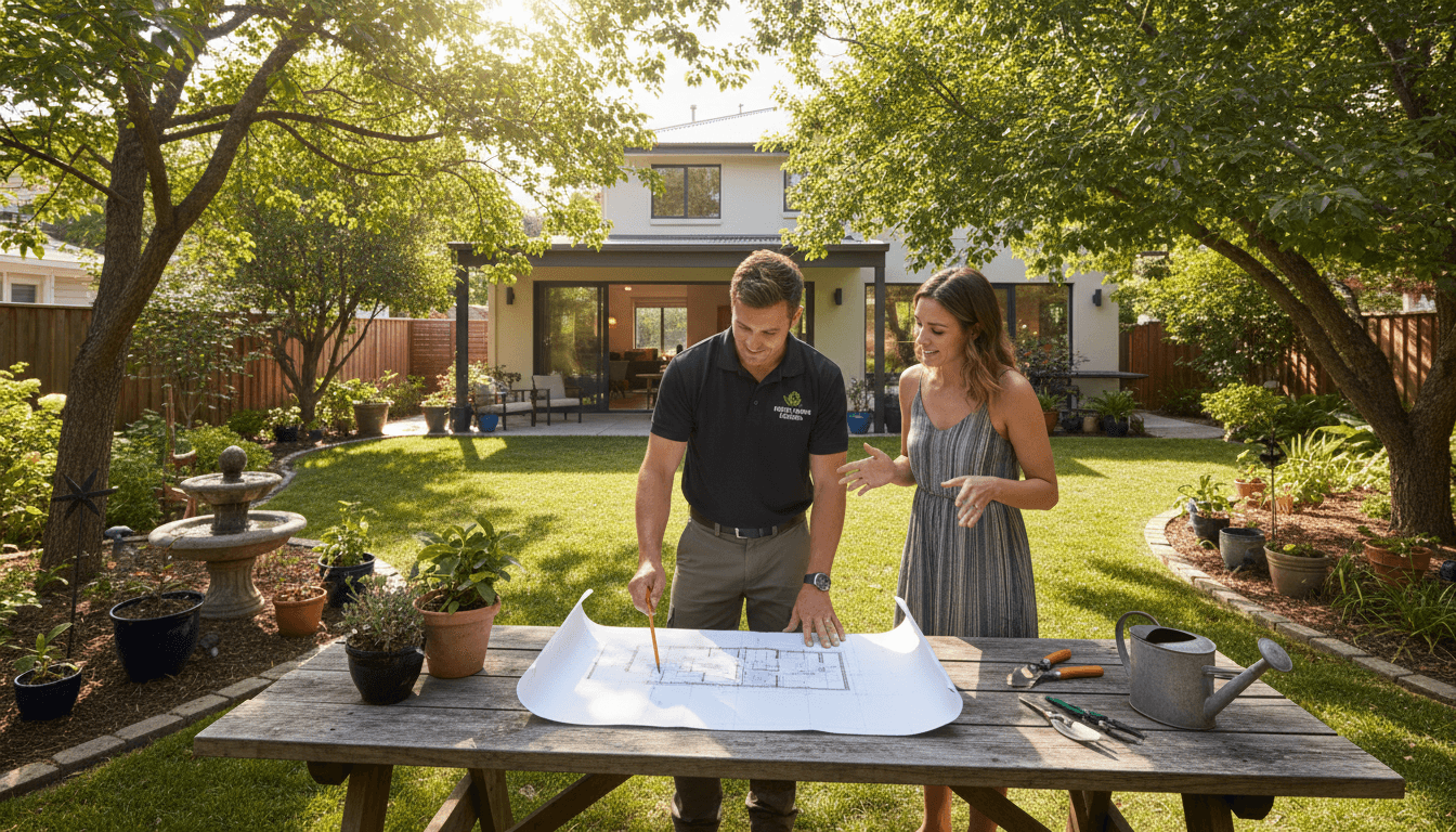 Landscaper reviewing a garden plan with a homeowner in their Toronto backyard