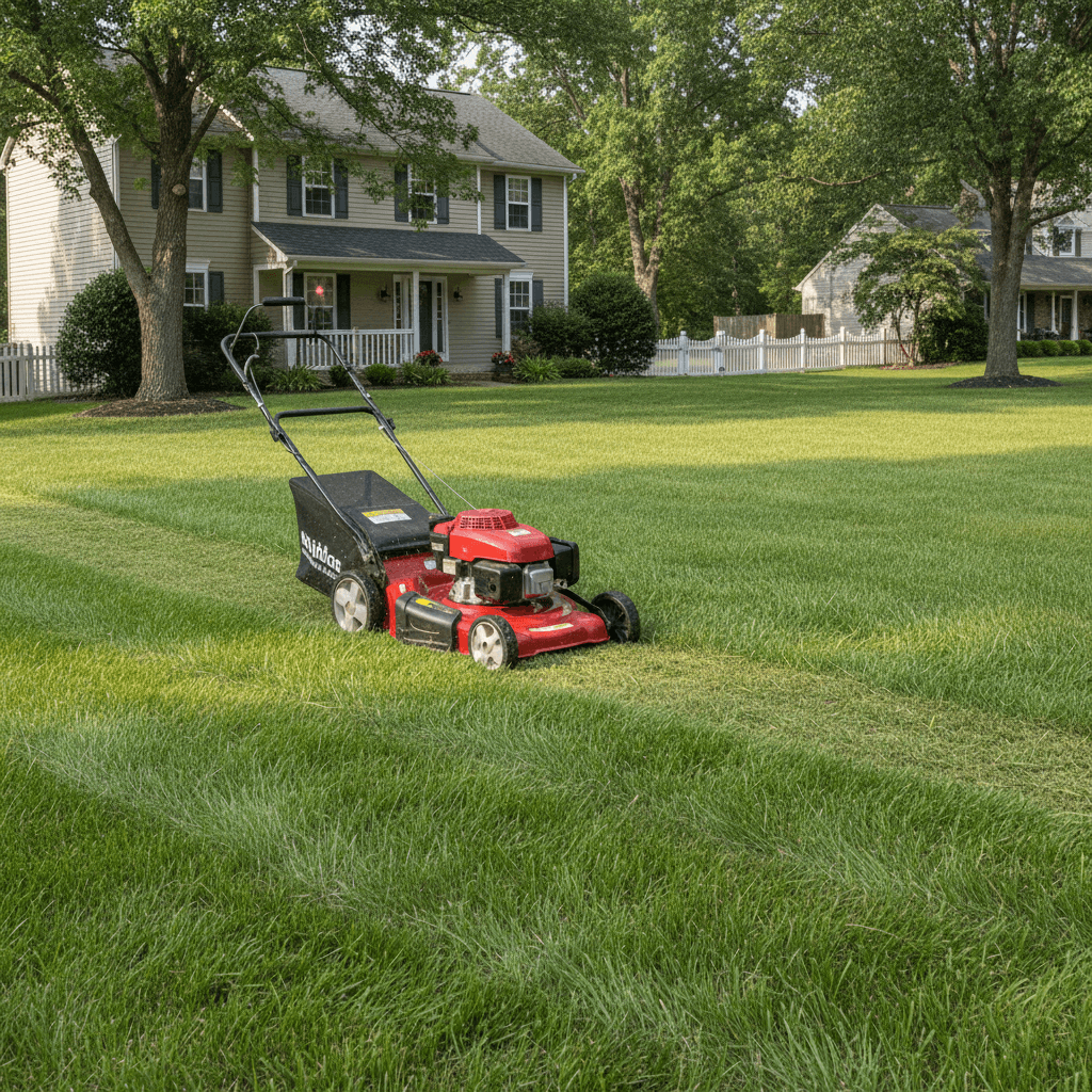 Lawn mower cutting fresh green grass in a residential yard