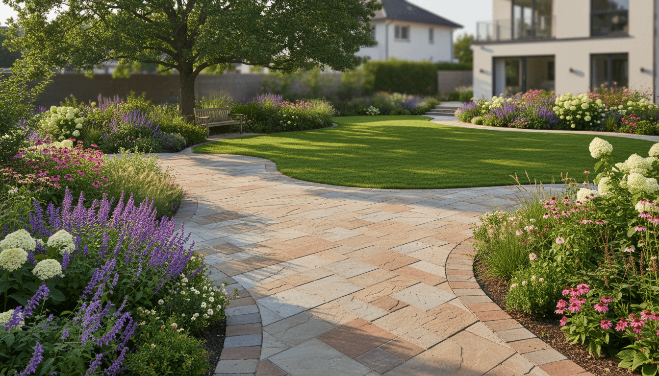 Landscape team reviewing garden plans with a client in a completed backyard
