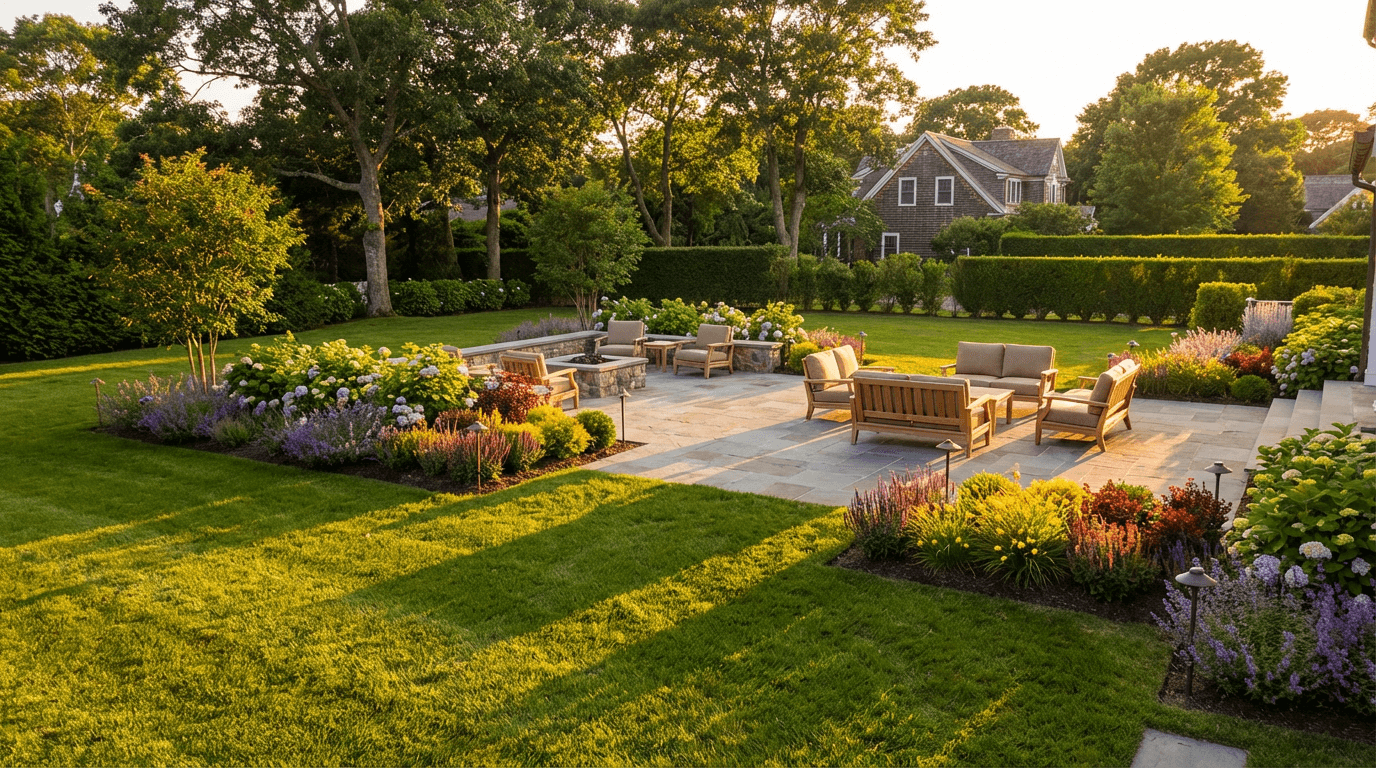 Beautifully landscaped backyard with a lush green lawn, colorful flower beds, and a stone pathway in warm sunlight