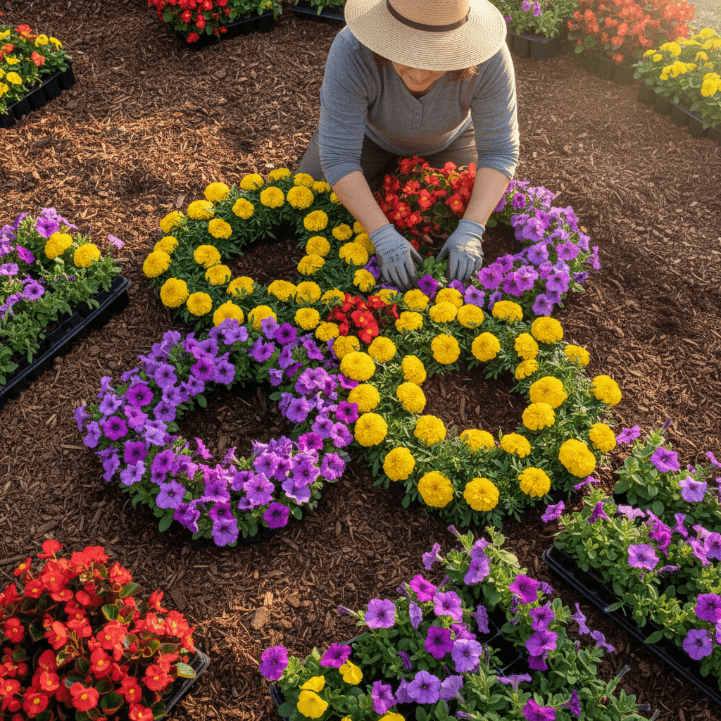 Colorful flower bed with mulch and shrubs