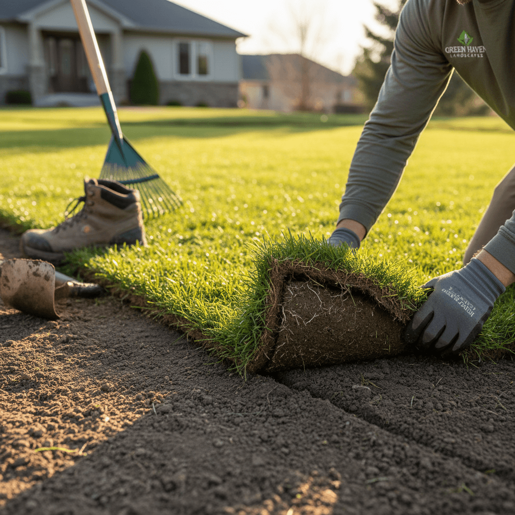Landscaper installing new sod in a Toronto backyard