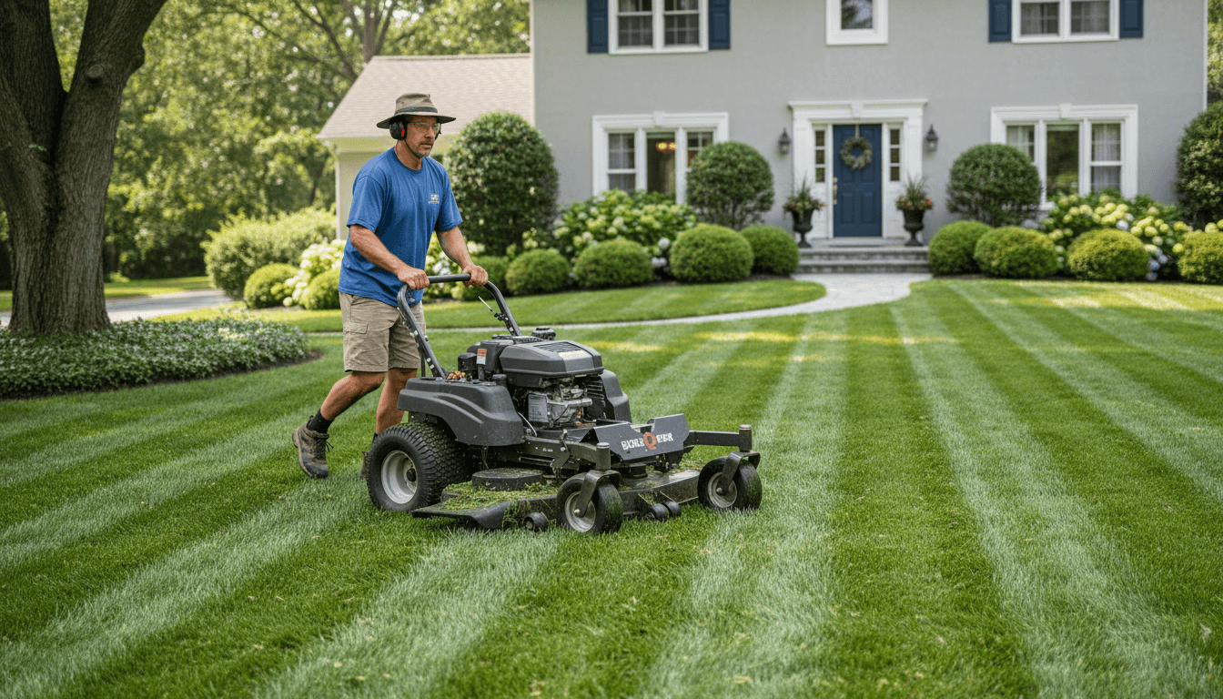 Lawn mowing service on a manicured green residential lawn