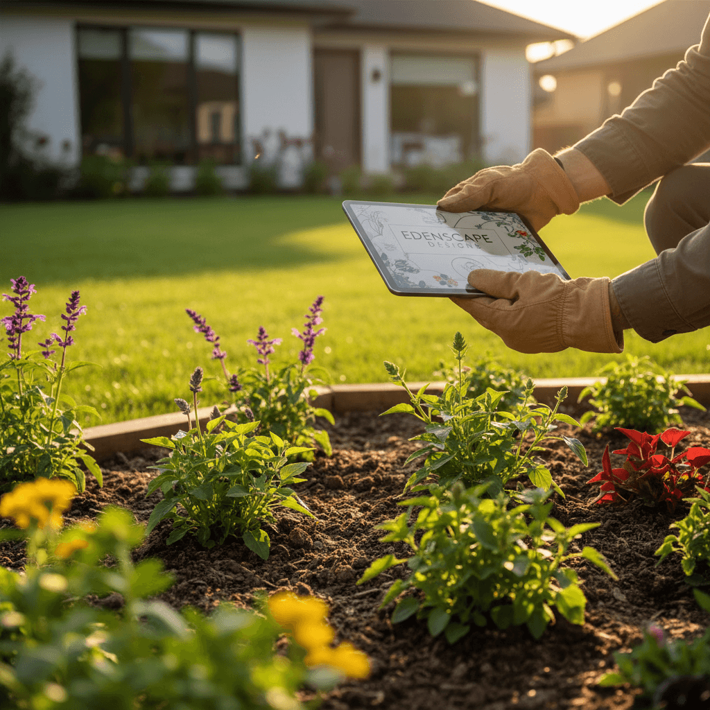 Landscape designer reviewing a garden plan with a client at an outdoor table