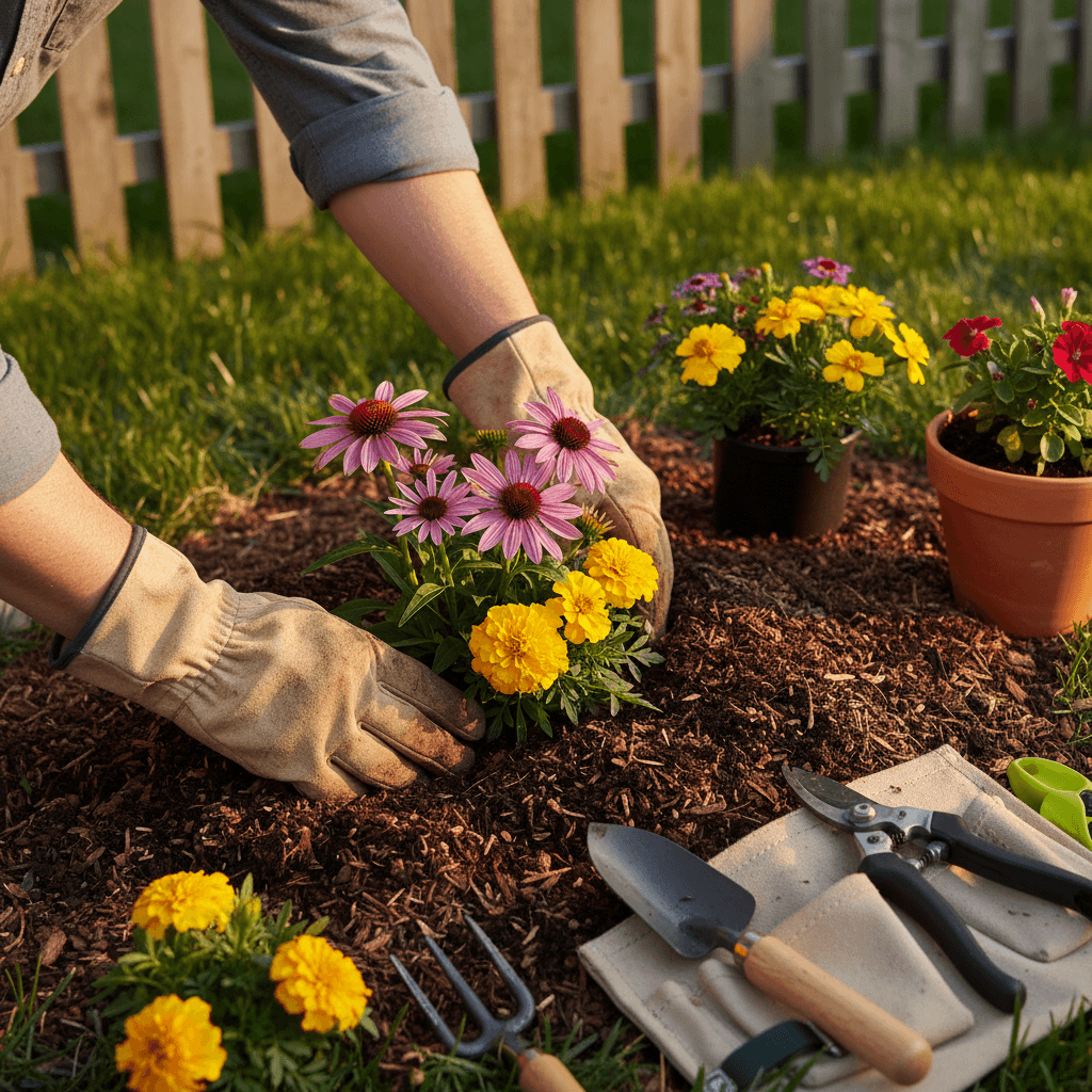 Hands planting colorful flowers in prepared garden soil