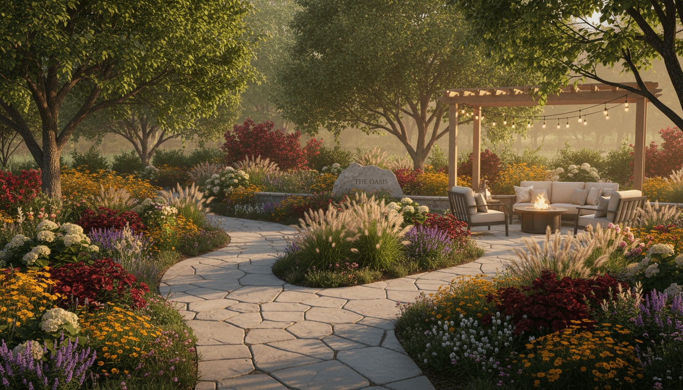 Landscaped backyard garden with a green lawn and stone walkway