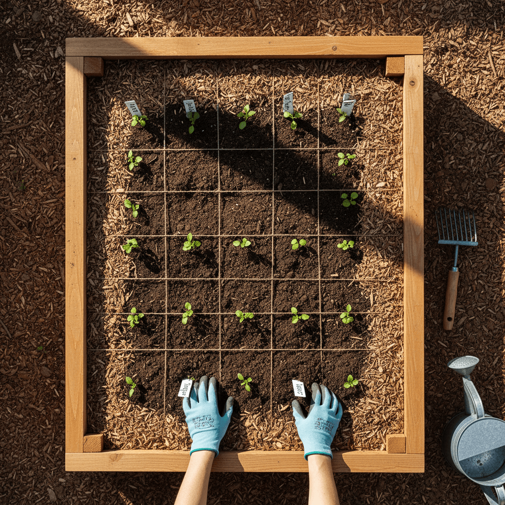Workers installing a new garden bed with fresh soil and plants