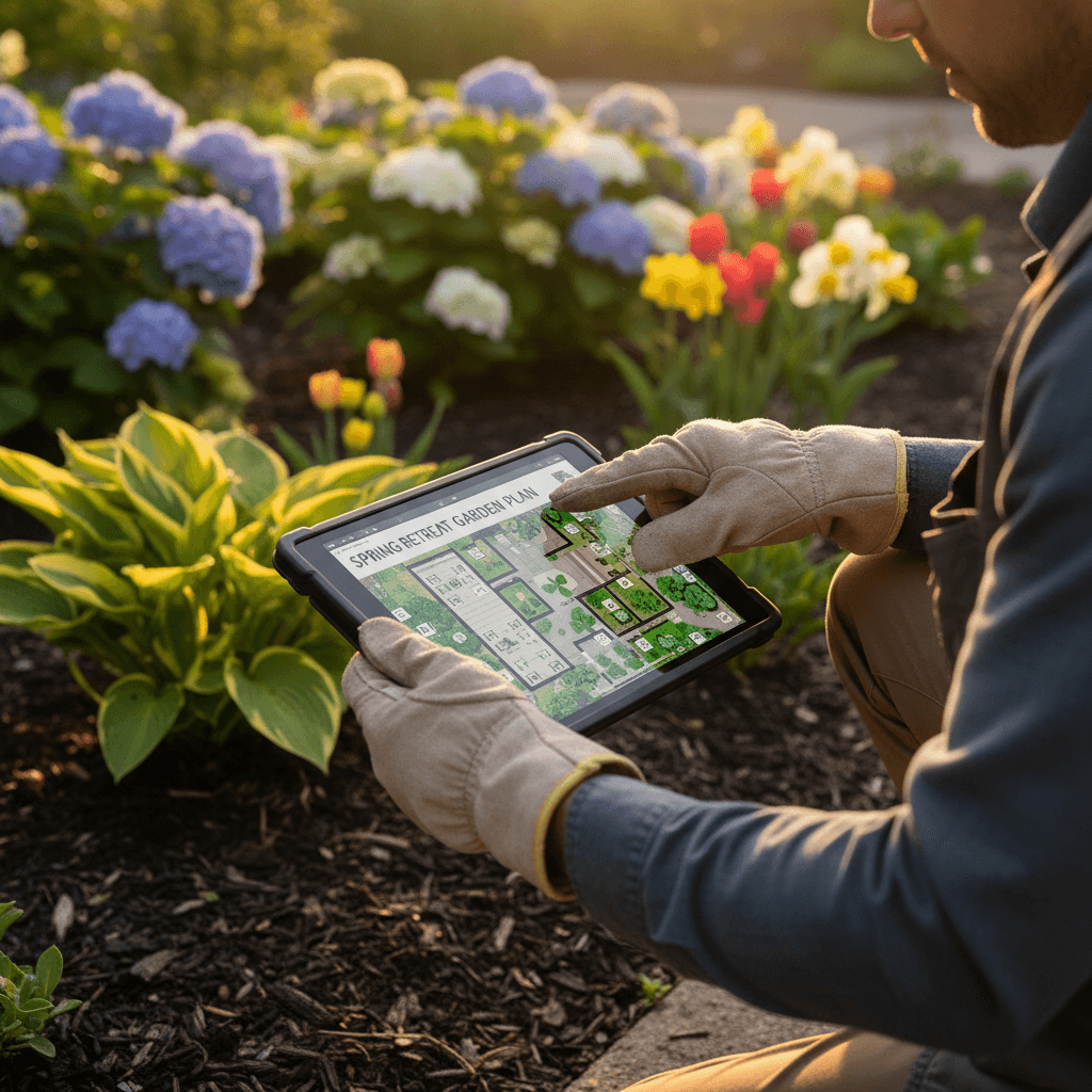 Reviewing a garden design plan on site