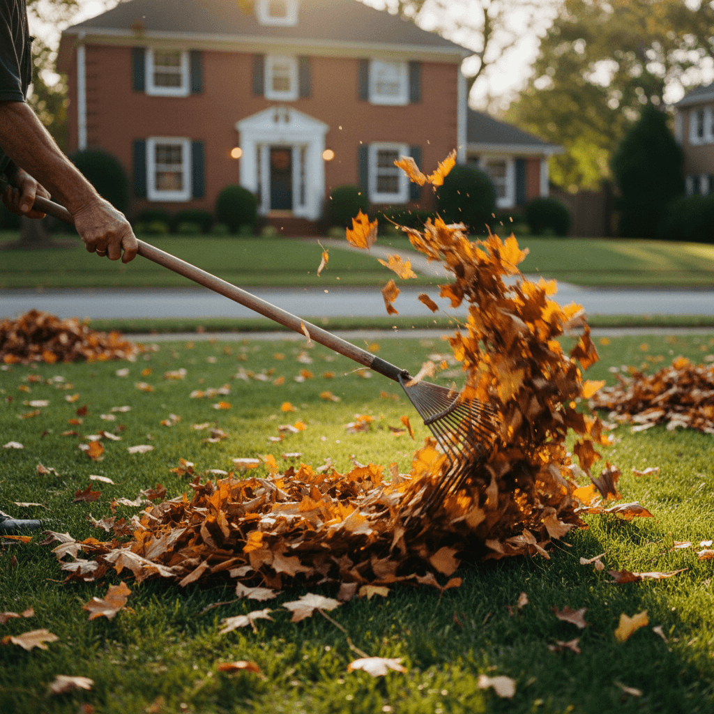 Rake and leaf bags on a fall lawn with colorful leaves