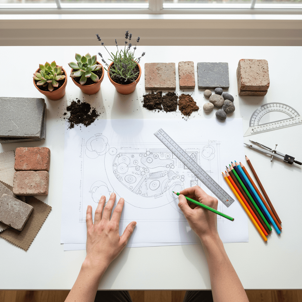 Landscaper reviewing a garden plan on site in Toronto